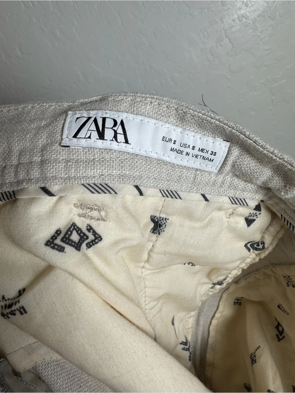 Zara Men’s Beige Linen Blend Tapered Straight Slim Drawstring Trousers